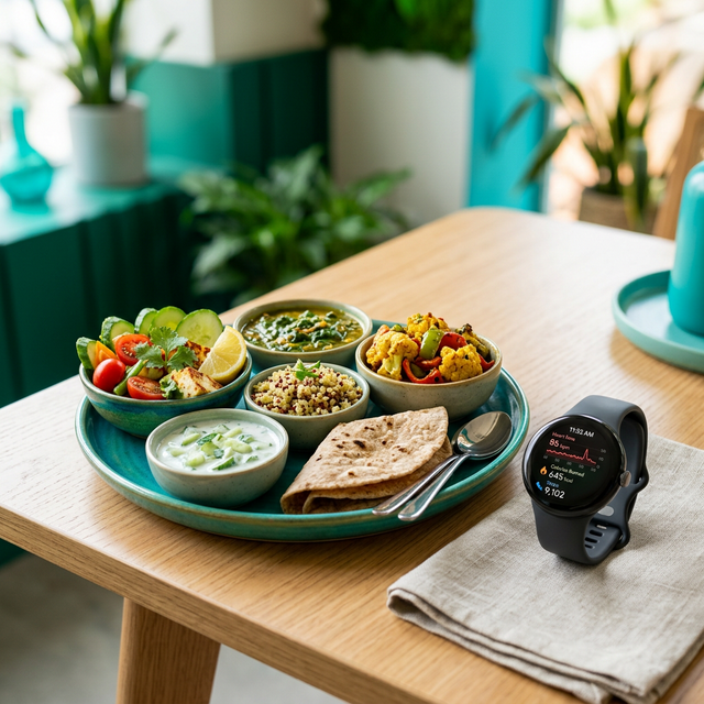 Healthy meal and smartwatch